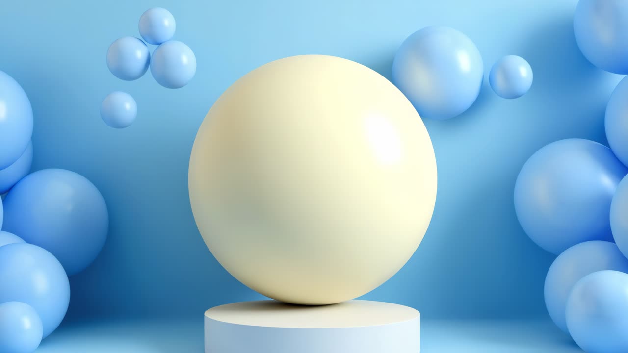 Surreal video concept with a front-facing camera angle. Features a central sphere surrounded by blue