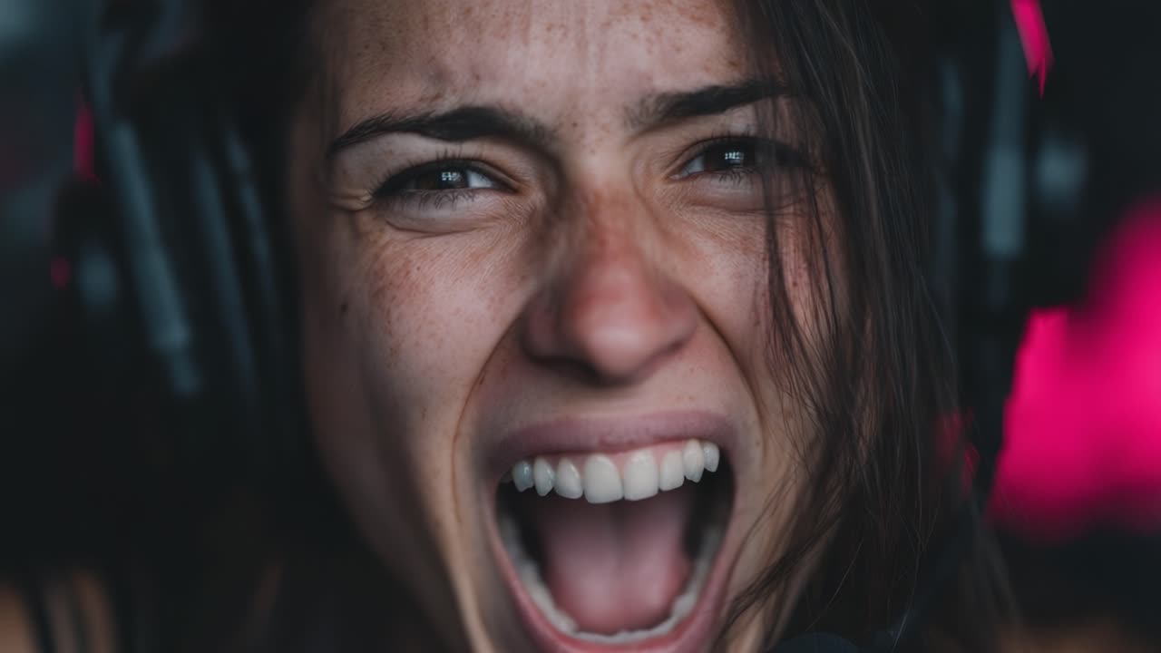 Intense Gamer Expresses Passion Through Powerful Screams During Competitive Gameplay with Headset, Capturing the Thrill and Emotion of Modern Gaming Culture