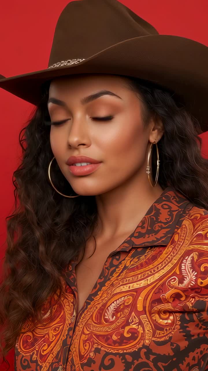 Video verticale: modello che gira la testa all'indietro in studio a 5 secondi, con cappello da cowboy e camicetta paisley