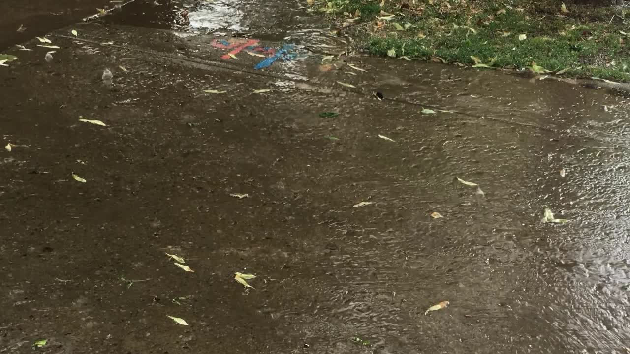 Torrential rainfall on an urban sidewalk, in the city center