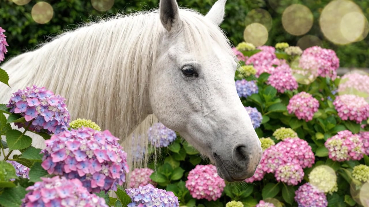 A Majestic White Horse Gracefully Posing Amidst Vibrant Hydrangea Flowers, Bathed in Soft, Dreamy Light, Capturing a Serene and Enchanting Natural Scene.