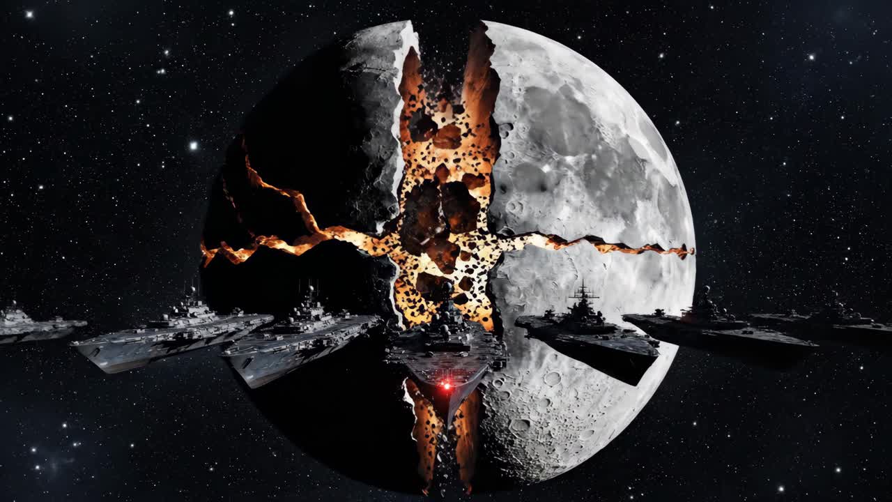 Spaceships Witness Moon's Destruction by Energy Beams in Space