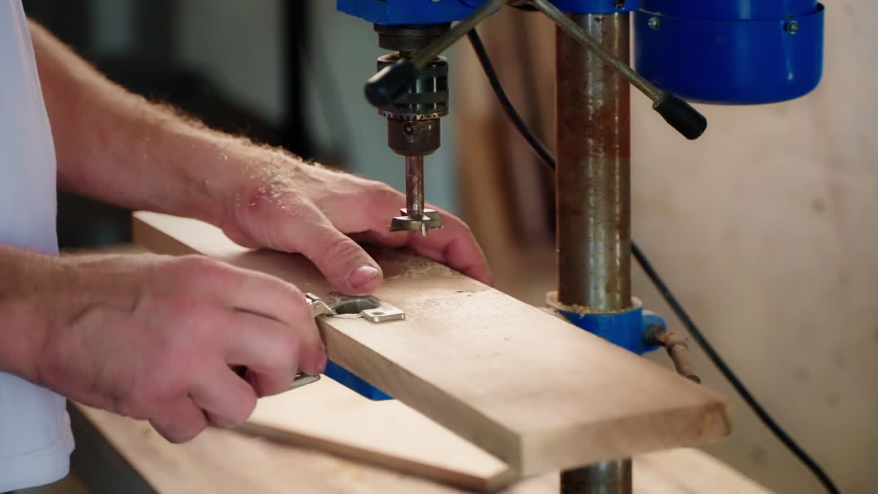 instalación de bisagras en tablas de madera con la prensa de perforación