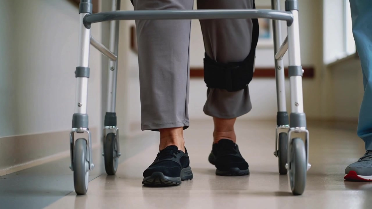 Practicing senior steadying walker rolling ahead, stepping in care corridor with knee brace