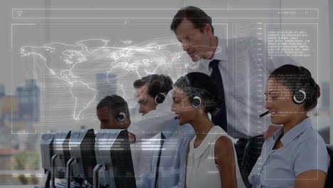 animación de la interfaz digital sobre personas de negocios que usan auriculares telefónicos