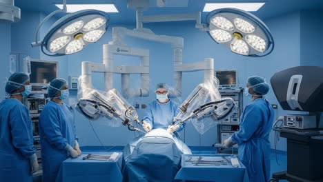 precision surgery: a team of medical professionals in a state-of-the-art operating room using robotic assistance for a complex procedure