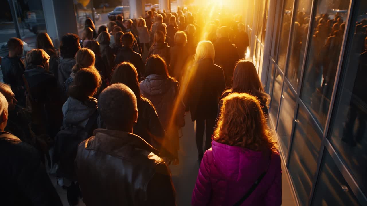 A Vibrant Sunset Illuminates a Diverse Crowd of People Walking Together Along a City Street, Creating a Lively Scene Filled with Energy and Movement as Daylight Transitions into Evening