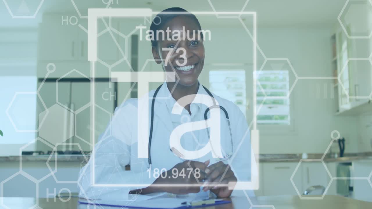 Animation of chemical compounds data over smiling african american female doctor in hospital