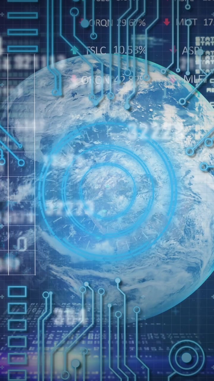 Animation of scope scanning, data processing and numbers changing over globe