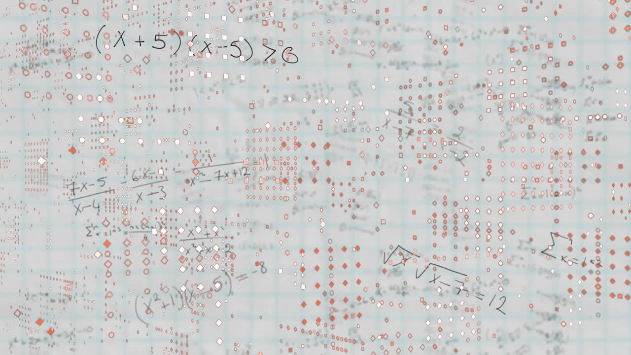 ホワイトボードと背景の多色の点の上に落ちる数学的方程式のアニメーション