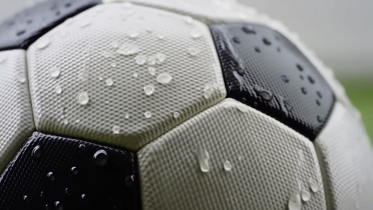 Low angle macro view of wet soccer ball surface, showing water droplets beading and settling along textured black and white panels, raised seams, soft overcast light, crisp contrast, outdoor sport
