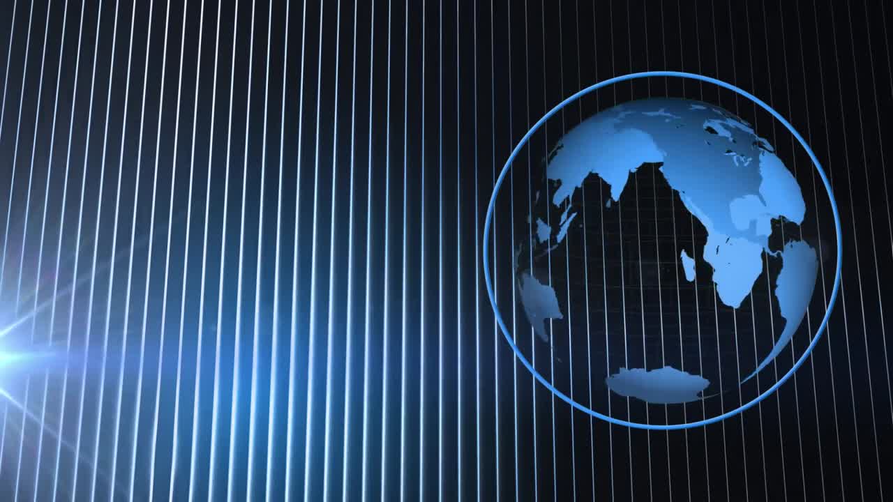 Animation of globe spinning and light glowing with blue lines in background