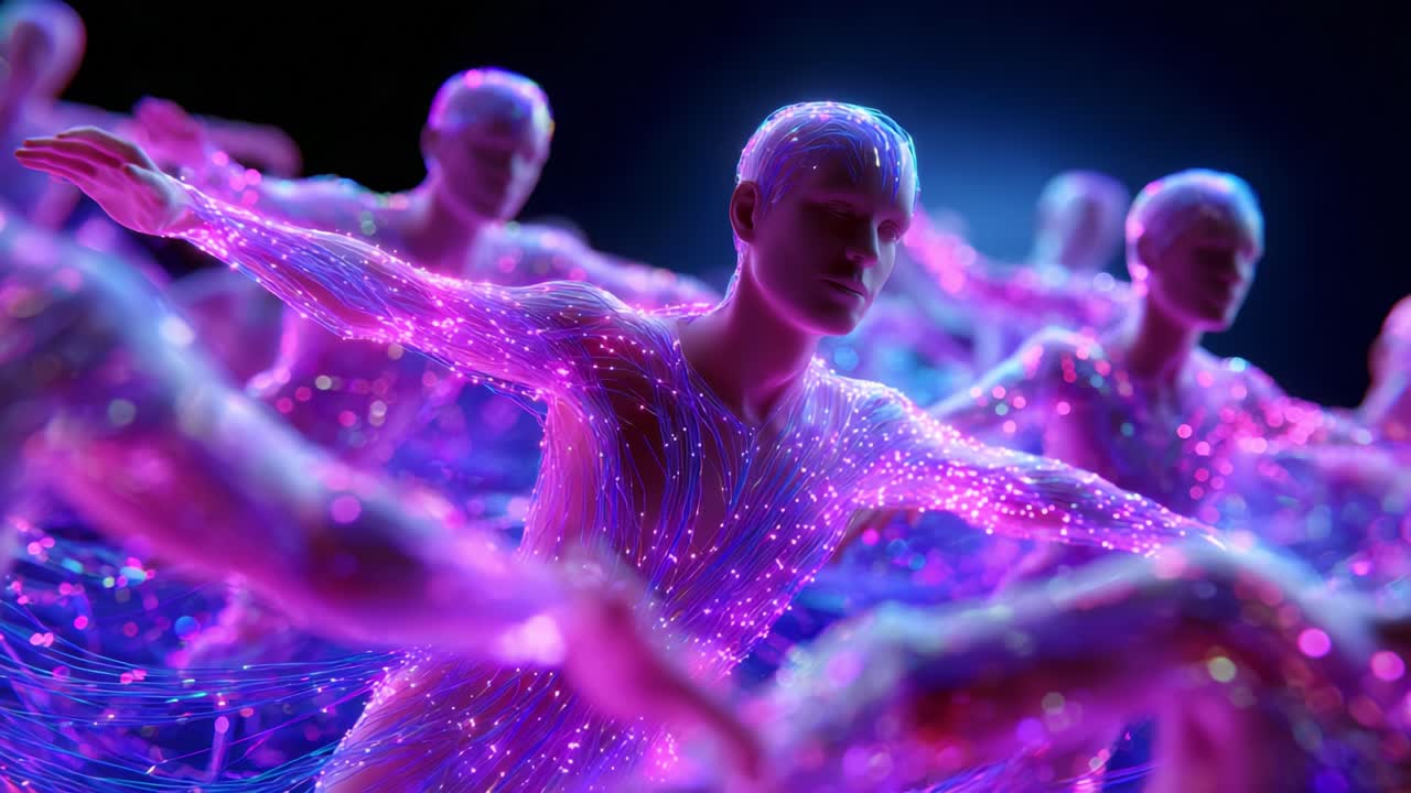 A mesmerizing display of ethereal figures illuminated by vibrant, multicolored lights, forming a flowing pattern that captivates with its enchanting beauty and dynamic movement, creating a visionary experience of art