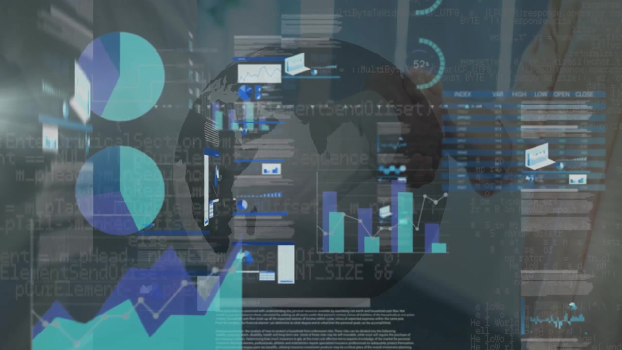 Animation of multiple graphs and globe over midsection of diverse entrepreneurs shaking hands