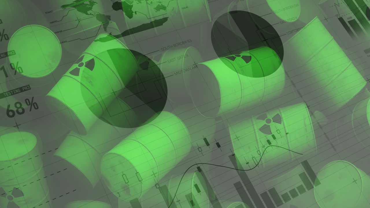 방사능 기호를 가진 배럴 위의 금융 데이터 처리의 애니메이션