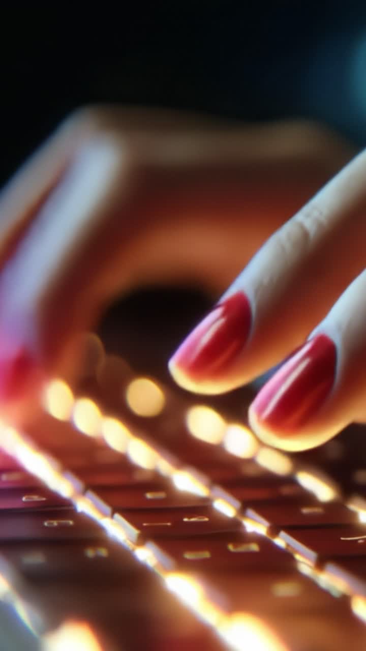 Et nærbillede af en hånd med strålende røde negle, der taster på et baggrundsbelyst tastatur, som fanger samspillet mellem lys og bevægelse i et moderne digitalt miljø