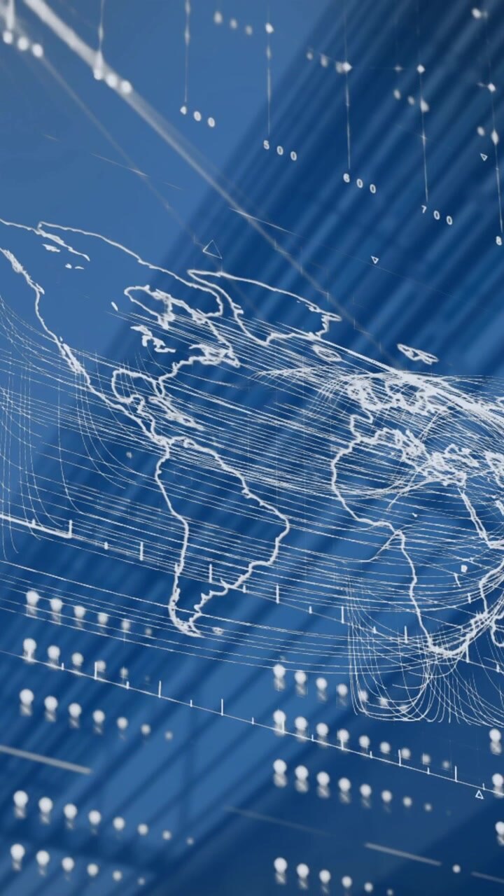 Animation of interface with data processing over world map against tall building
