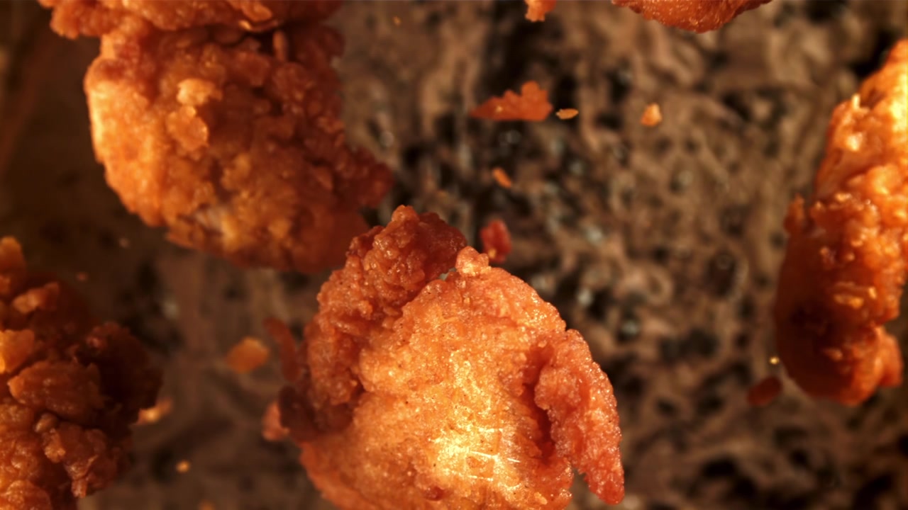 Crocchette di pollo fritte croccanti che fluttuano al rallentatore