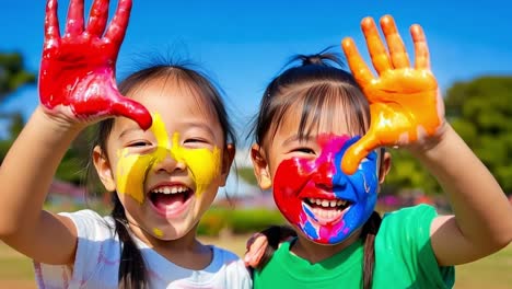 two young girls with their hands painted in bright colors