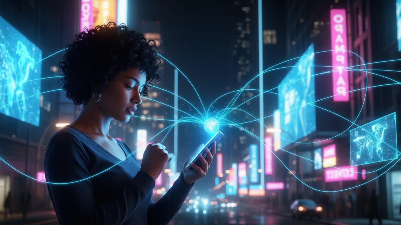 A Person Engaging with a Smartphone While Surrounded by Neon City Lights, Representing Connectivity and Digital Interaction in a Vibrant Urban Environment