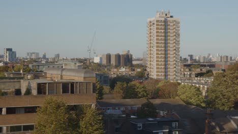 view of office buildings and skyline from docklands to the city of london from peckham in south london uk