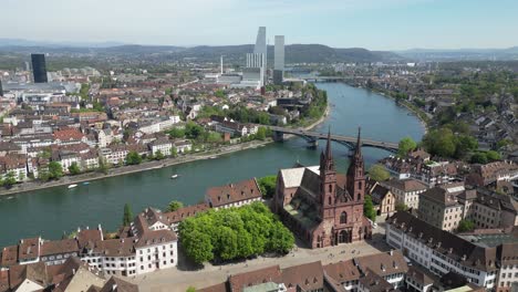 Aerial-of-Basel-city-in-Switzerland,-central-Europe-along-Rhine-river