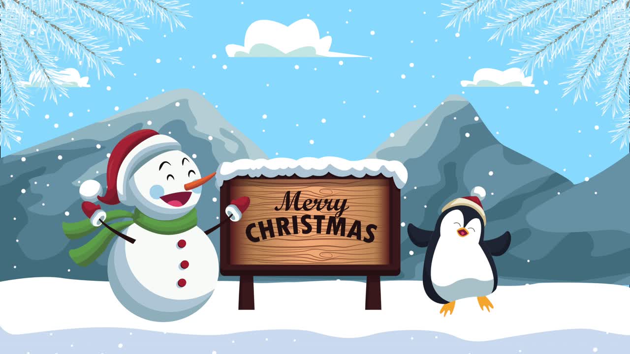 feliz navidad hombre de nieve y pingüino en el paisaje de nieve