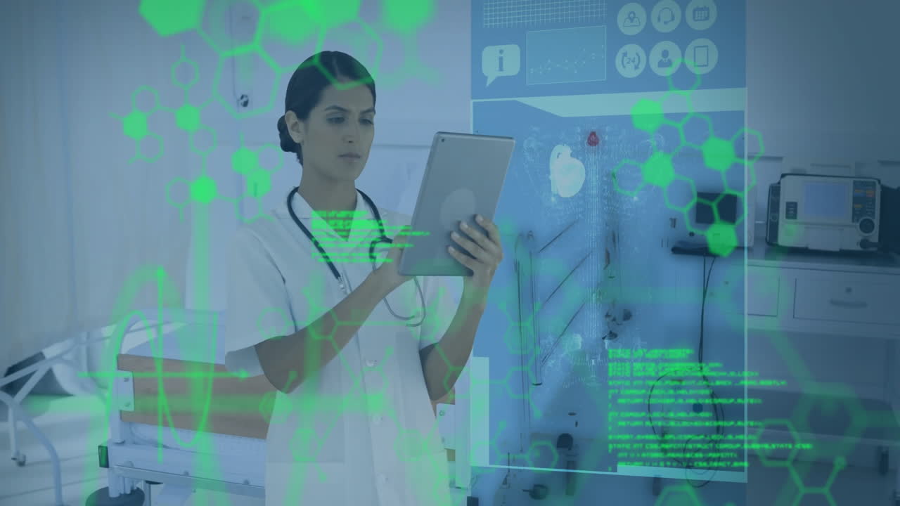 Medical data analysis animation over doctor using tablet in hospital room