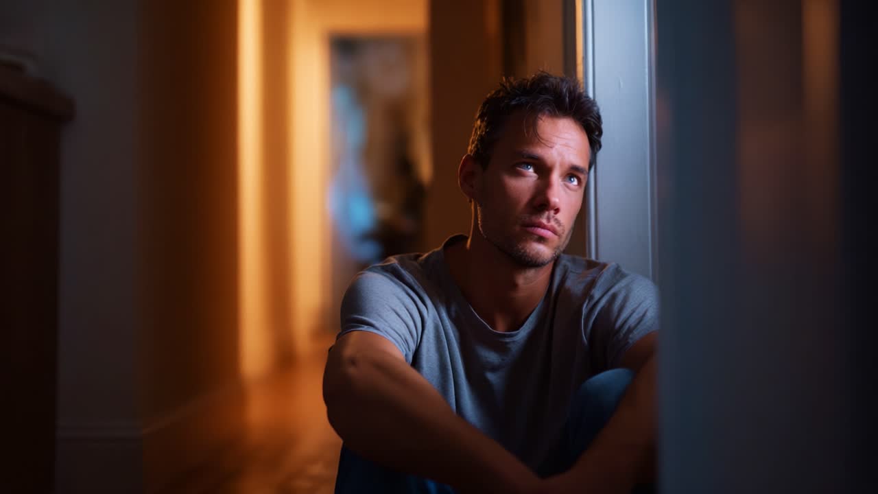 A Reflective Moment: A Young Man Seated Alone in a Dimly Lit Hallway, Lost in Thought, Capturing the Depths of Emotion and Contemplation in His Expression