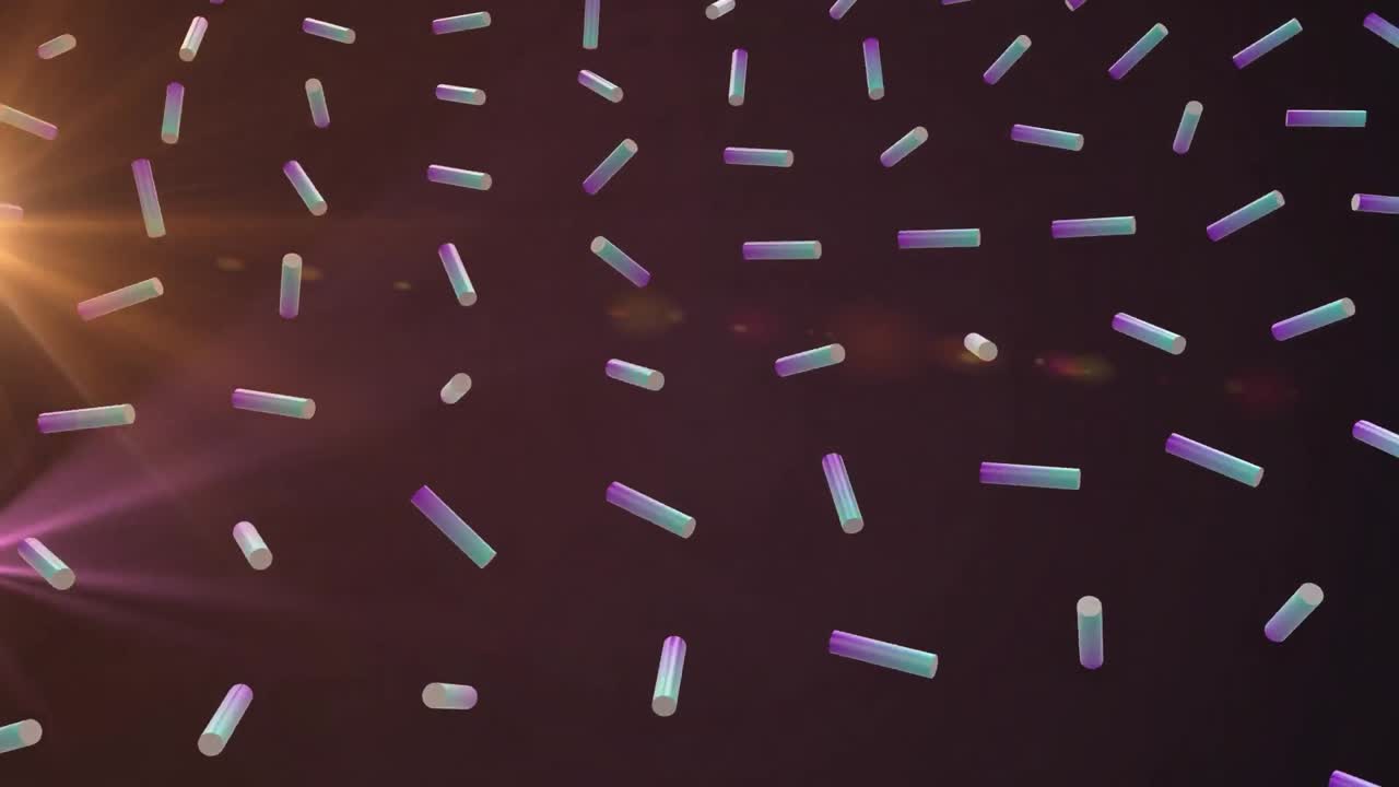 검은색 배경에 빛의 흔적과 반점 위에 다채로운 모양의 애니메이션