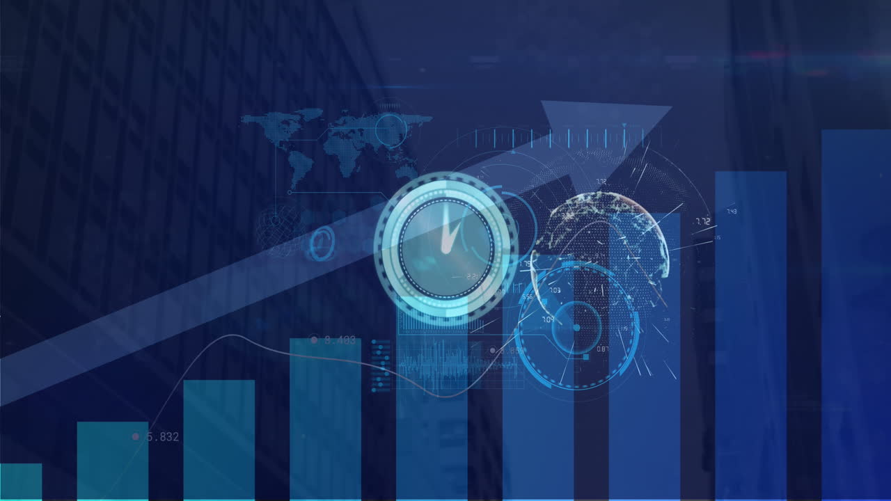 Animation of data processing over clock and cityscape