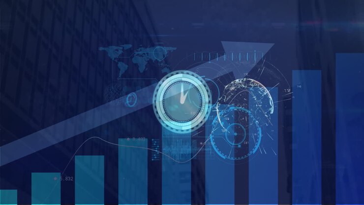 Animation of data processing over clock and cityscape