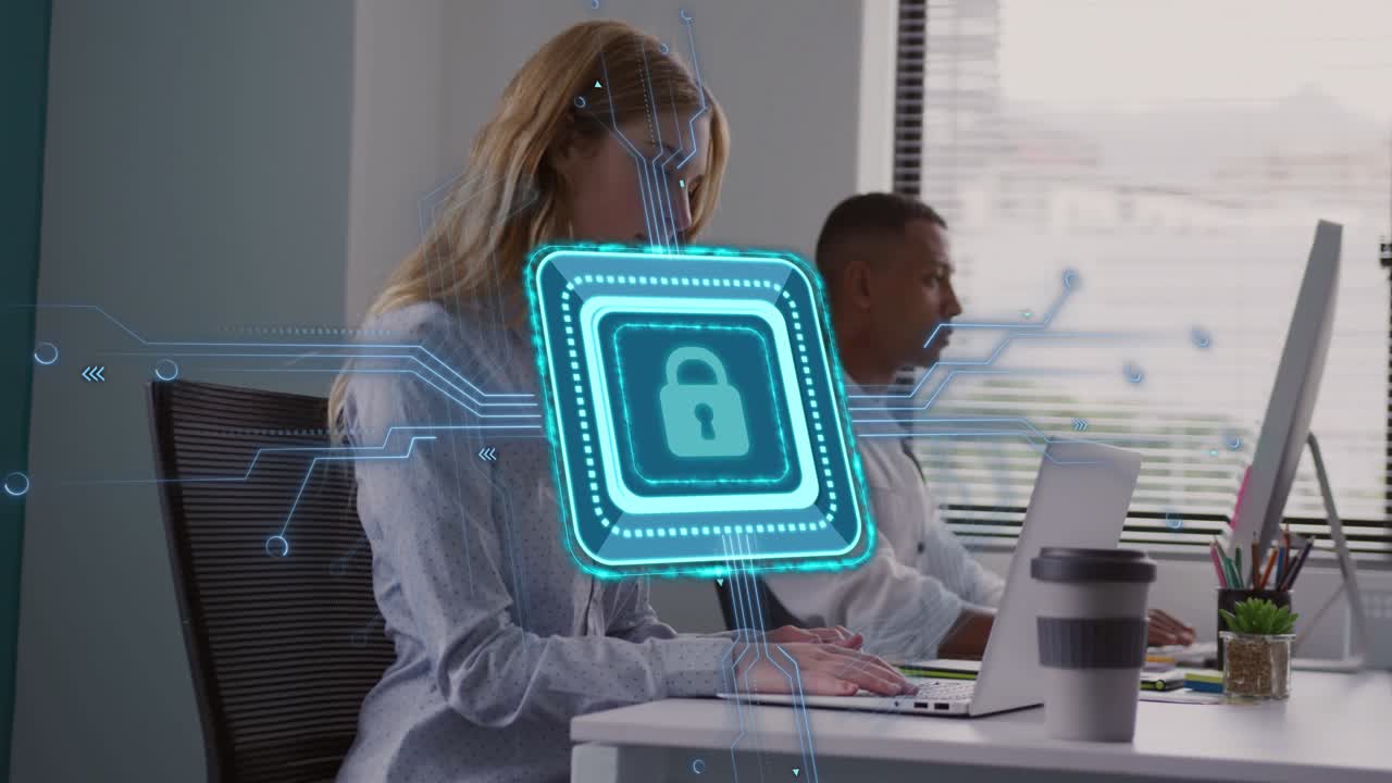 Woman typing at desk initiating HUD lock pulsing, centering over laptop, signaling tech security
