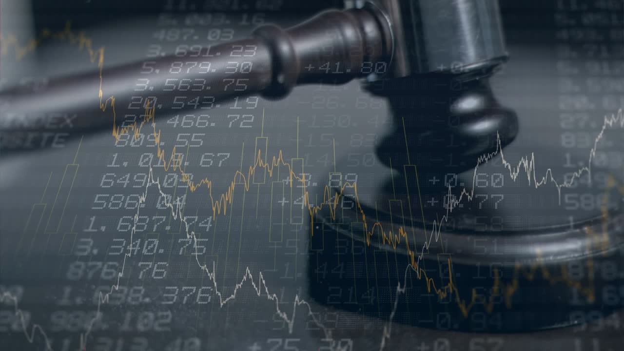 Animazione di elaborazione di dati statistici e finanziari su martelletto del banditore