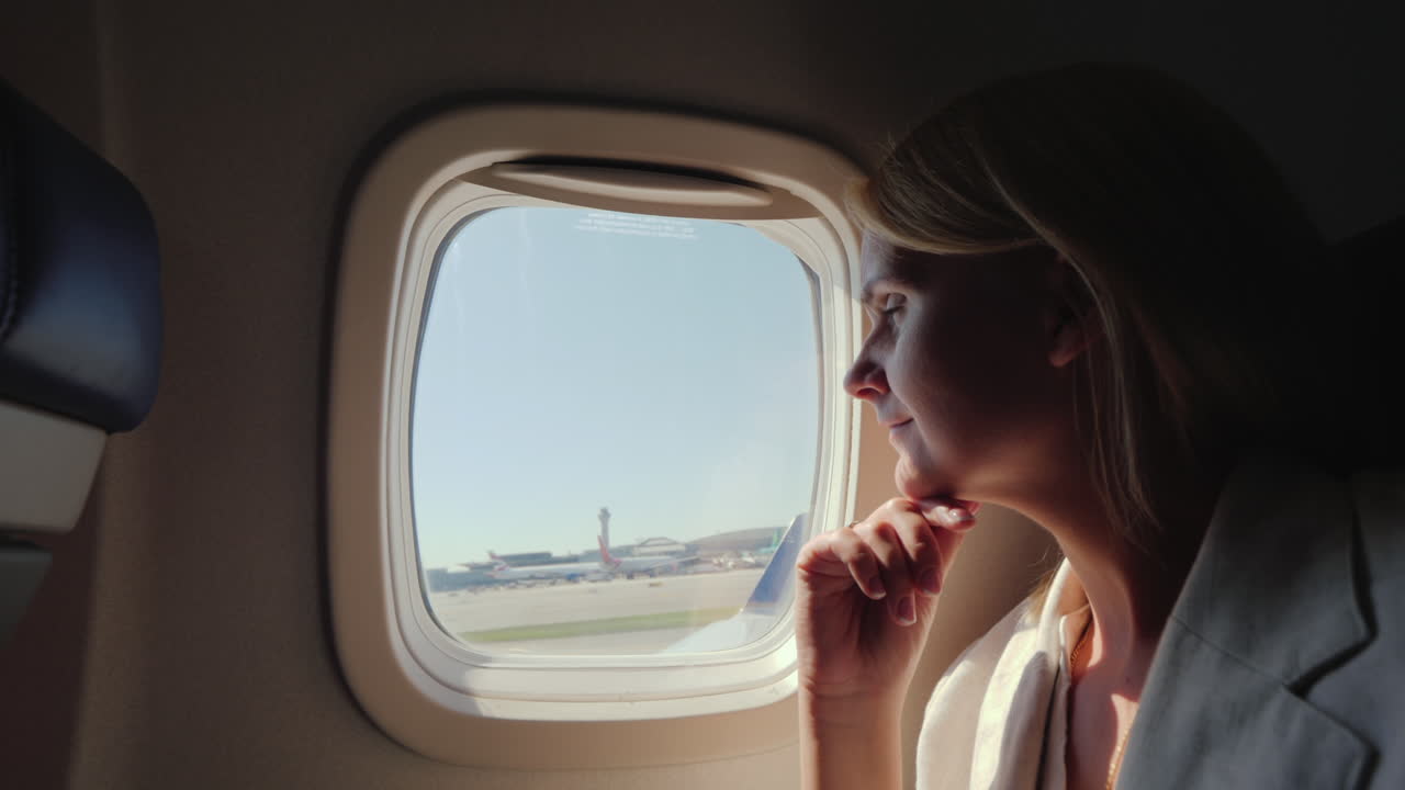 한 젊은 여성이 활주로 시작을 따라 가속하기 시작하는 비행기의 창밖을 내다본다.