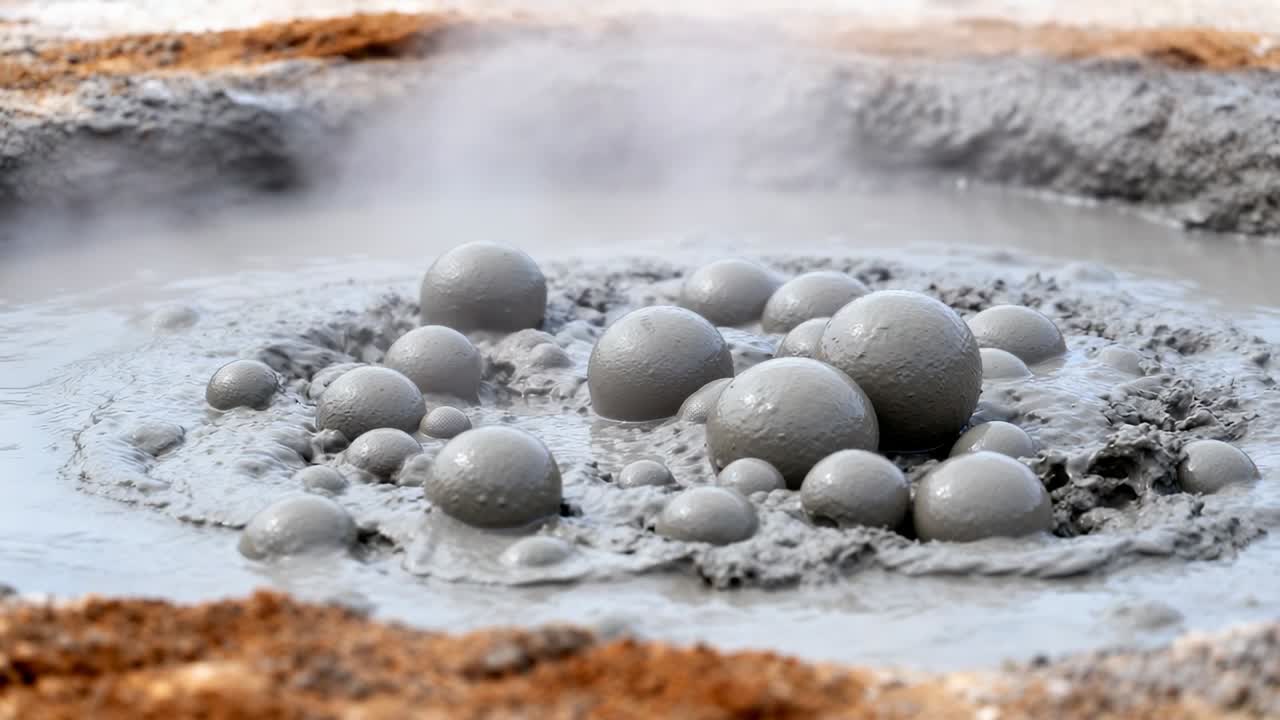 Bolle di fango grigio sferiche che ribollono, si espandono e scoppiano in una pozza di fango geotermico, spinte dal gas.