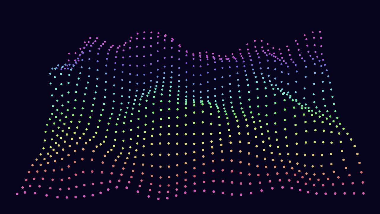 Colorful zigzag waveform made up of dots in varying blue, green, red, yellow, and purple shades gives a dynamic and energetic impression of movement from left to right