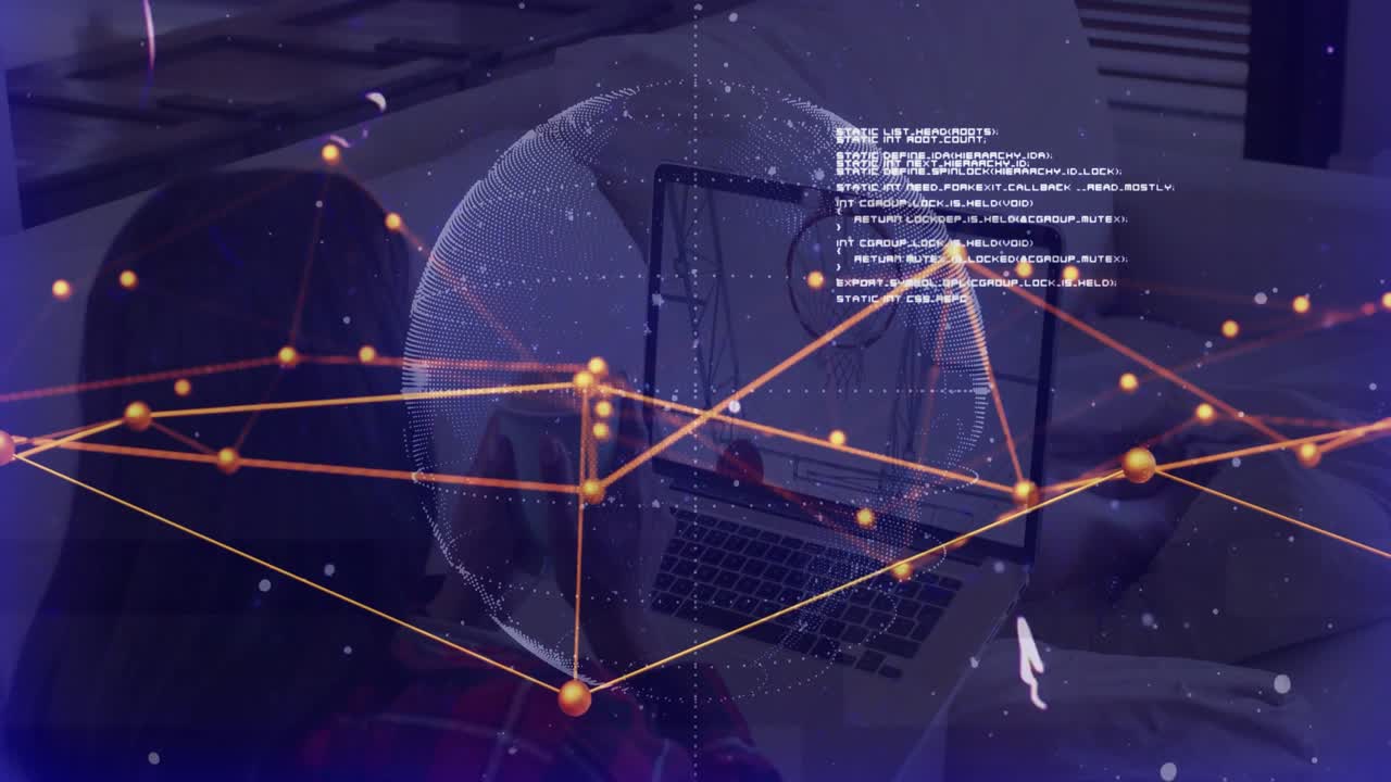 Laptop launching analytics, dotted globe forming, rotating, tech mesh showing code, obscuring user