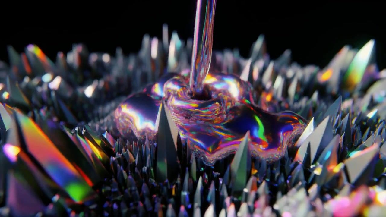 Liquido iridescente che si versa su una superficie di cristallo geometrica affilata
