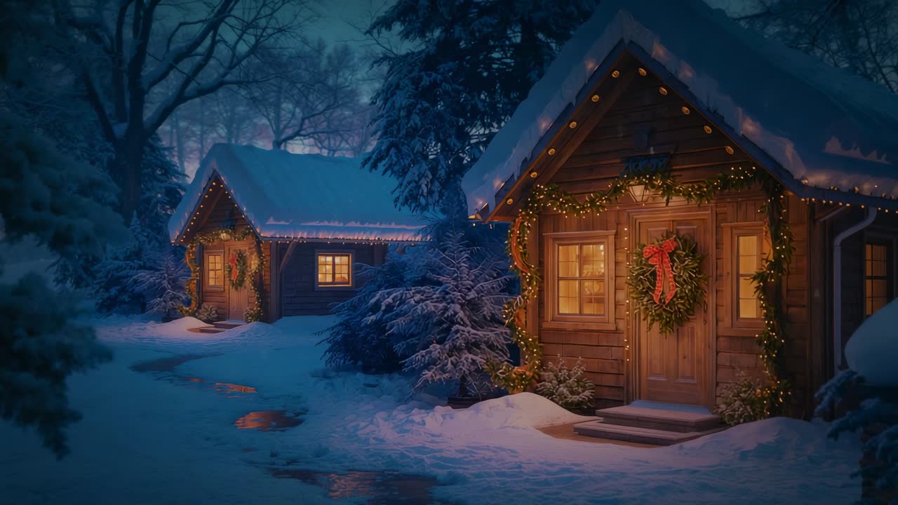Zooming camera focusing festive cabin in snowy clearing highlighting wreaths and lights, copy space