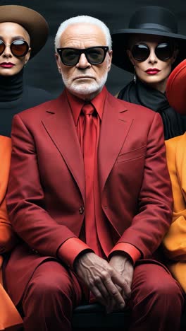 stylish fashion group poses in vibrant outfits for a striking portrait