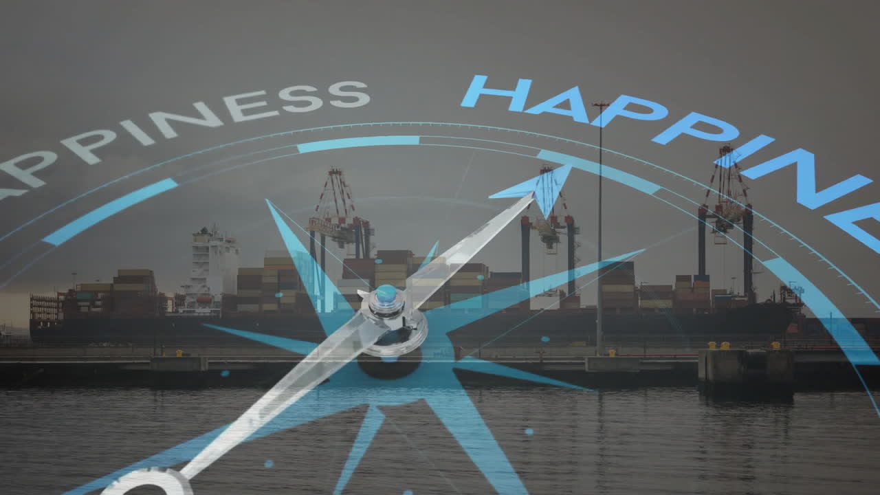 포트 위에 동기 부여 및 비즈니스 텍스트와 함께 나침반 회전의 애니메이션