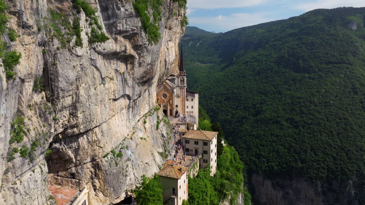 Cliffside Sanctuary Of Madonna della Corona In The Province of Verona, Italy. Aerial Drone Shot