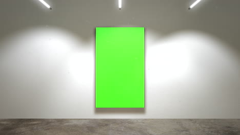 motion camera in art gallery with picture and modern frame with green mock-up screen art background