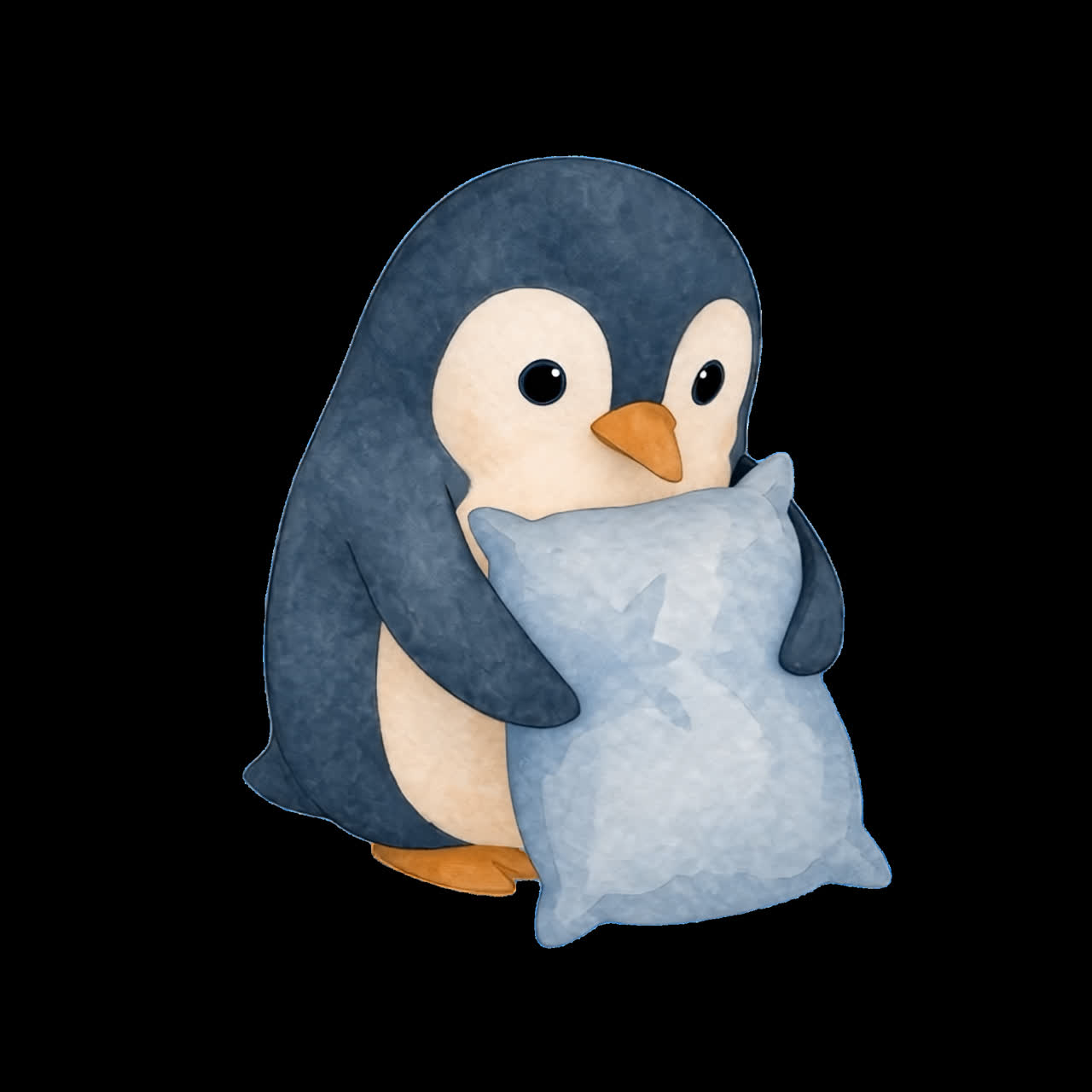 Cute penguin hugging soft pillow animation isolated asset, transparent 4K video, alpha channel