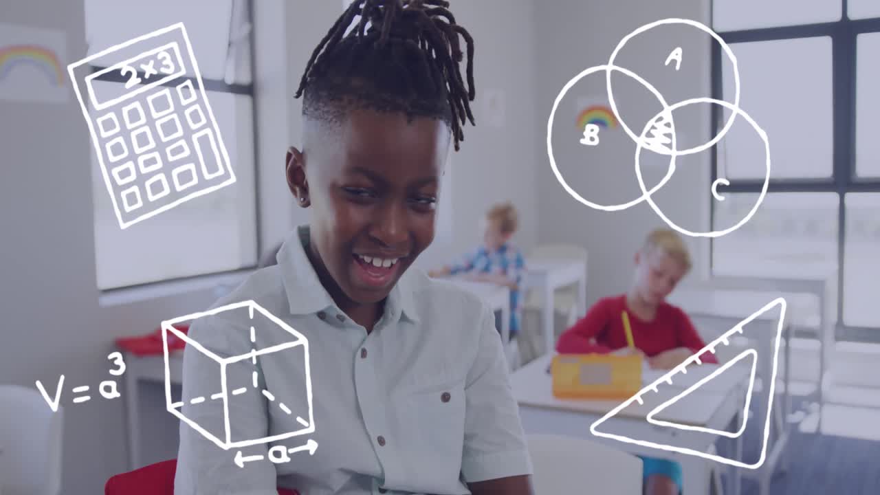 Animation of maths icons over smiling african american schoolboy smiling in class