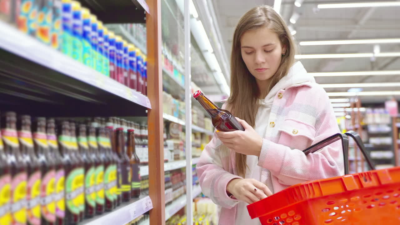 mujer comprando cerveza en un supermercado