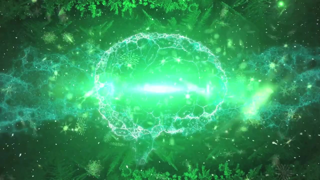 Animation von Gehirn und Schneeflocken, die sich auf grünem Hintergrund bewegen