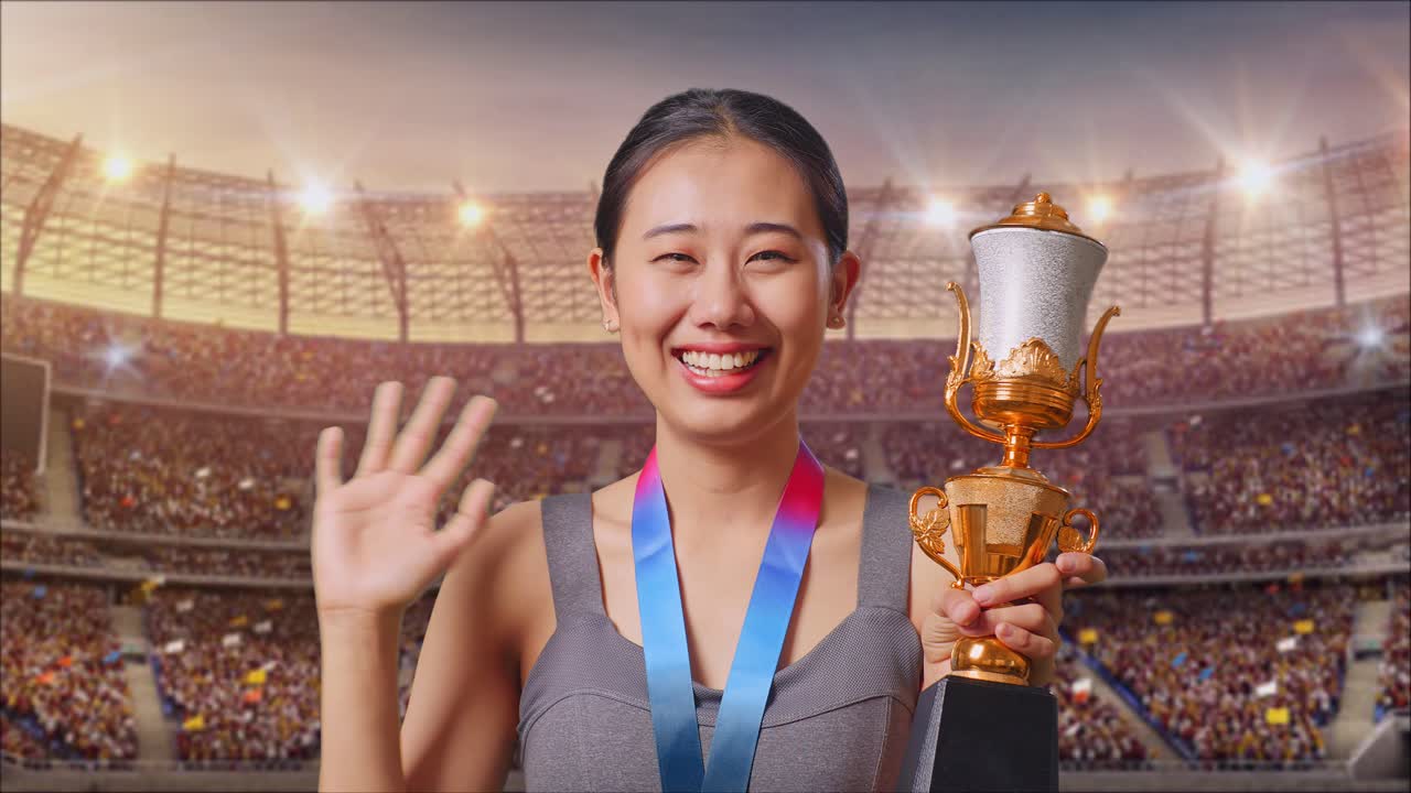 Woman Winning a Trophy in a Stadium