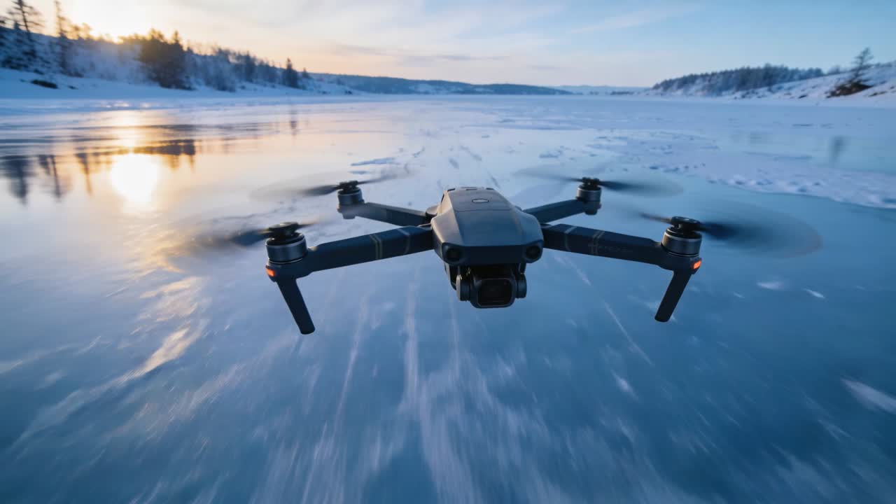 Máy bay không người lái quadcopter nhỏ gọn đang bay lượn thấp trên hồ băng giá, gimbal ghi lại các vết nứt và ánh nắng chói chang.